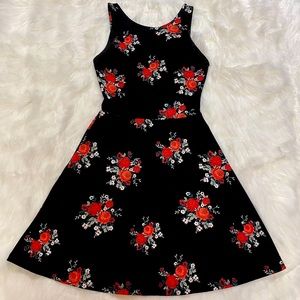 Black Floral Rose Bouquet Fit & Flare Skater Dress